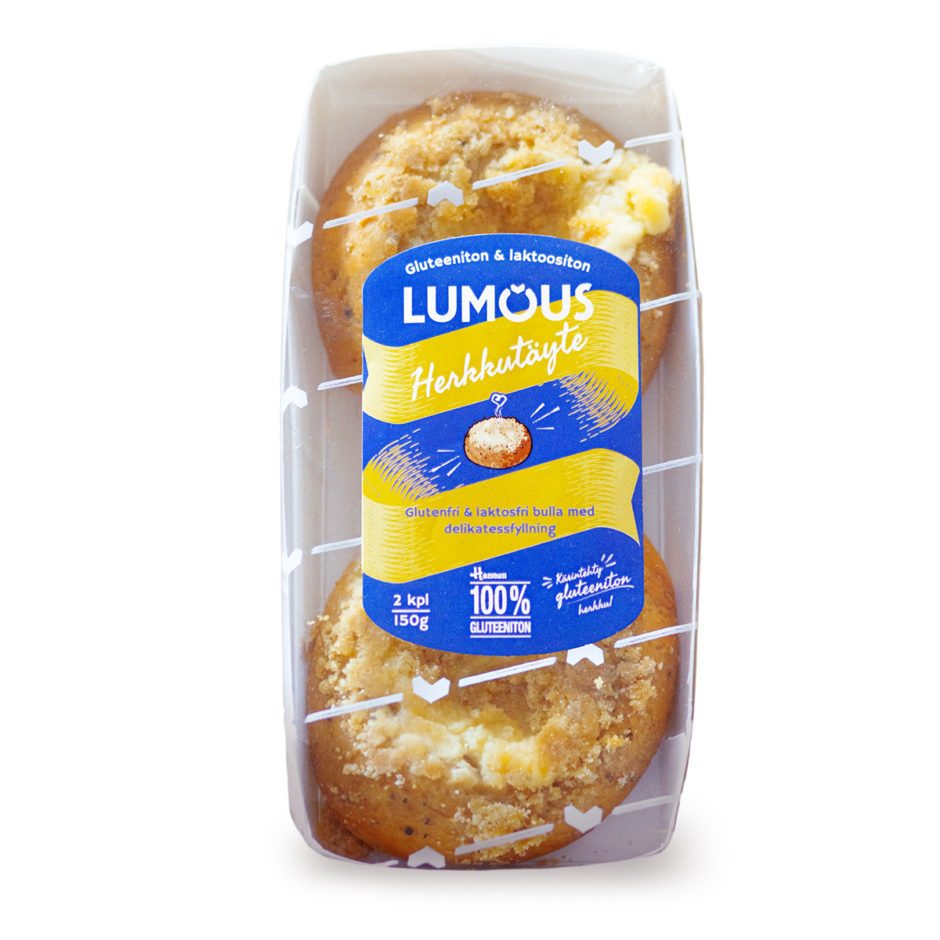 glut_lumous_herkkutayte Hannun 100 % Gluteeniton Lumous Herkkutäyte gluteeniton ja laktoositon pulla. Pakkauksessa kaksi herkullista pullaa.
