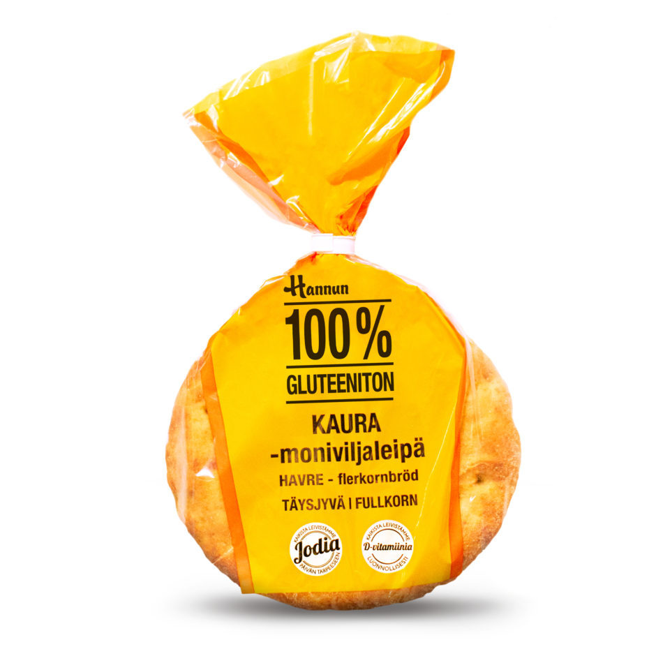 kauramoniviljaleipa_hannun_gluteeniton Hannun 100 % Gluteeniton kauramoniviljaleipä. Maku tulee kotimaisesta vaasalaisen lähimyllyn puhdaskaurasta. Tuote on verkkokaupassamme.